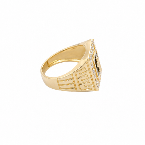 14KT Gold Ring Men's Square Onyx Cross Outline Center with White CZ Top Stones Side Design Greek