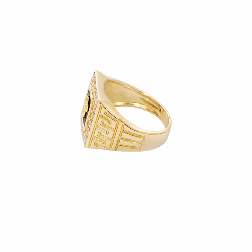 14KT Gold Ring Men's Square Onyx Cross Outline Center with White CZ Top Stones Side Design Greek