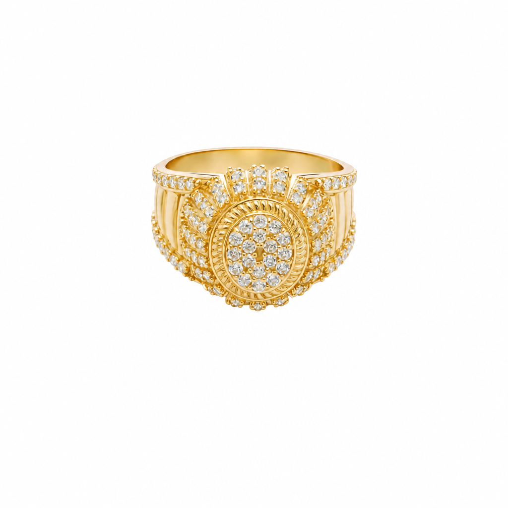 14KT Gold Ring Men's Oval 20 White CZ Stones Cluster Center with Plain Ribbed Border and Double Row White CZ Stones Sunray Pattern Border Side Design Single Row White CZ Stones Edge with Four Plain Ribbed Bars in Center