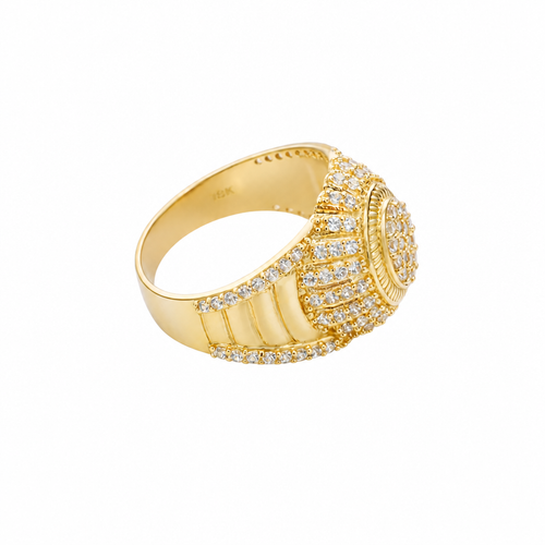 14KT Gold Ring Men's Oval 20 White CZ Stones Cluster Center with Plain Ribbed Border and Double Row White CZ Stones Sunray Pattern Border Side Design Single Row White CZ Stones Edge with Four Plain Ribbed Bars in Center
