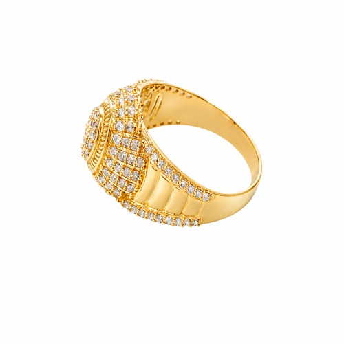 14KT Gold Ring Men's Oval 20 White CZ Stones Cluster Center with Plain Ribbed Border and Double Row White CZ Stones Sunray Pattern Border Side Design Single Row White CZ Stones Edge with Four Plain Ribbed Bars in Center