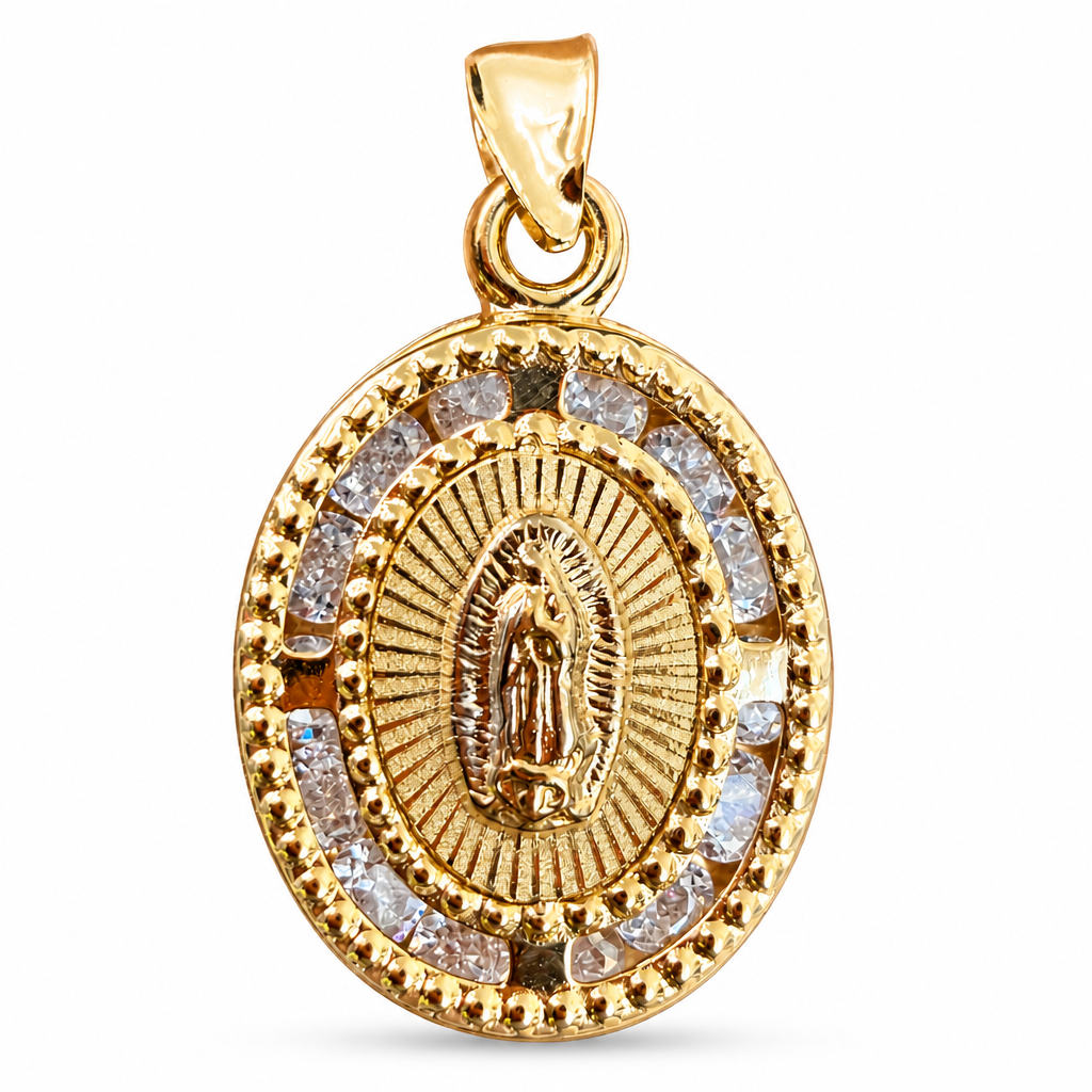 14KT Gold Charm Medium Oval Two Tone Sunray Virgin Mary Coin with White CZ Stones Border and Plain Bell