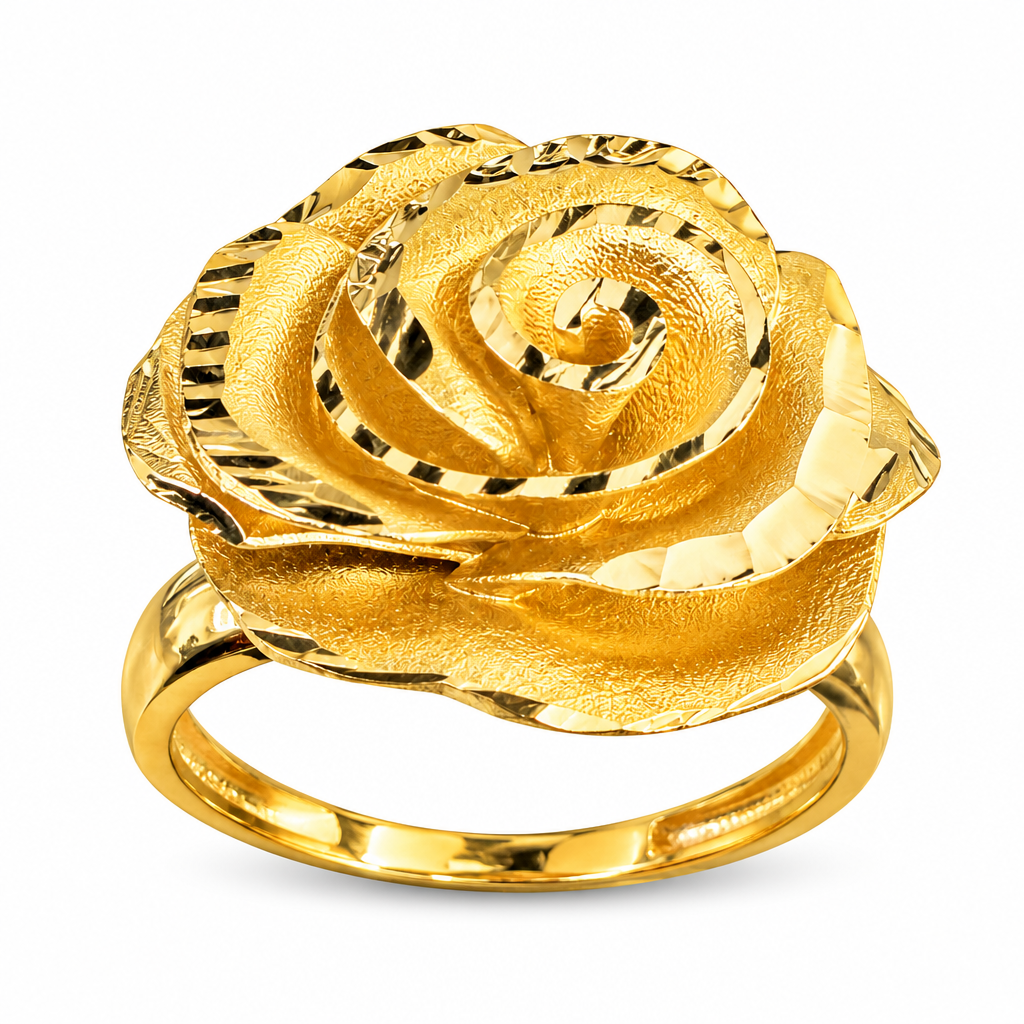 14KT Gold Ring Women's Mini Diamond Cut 3D Rose Shape with Plain Band