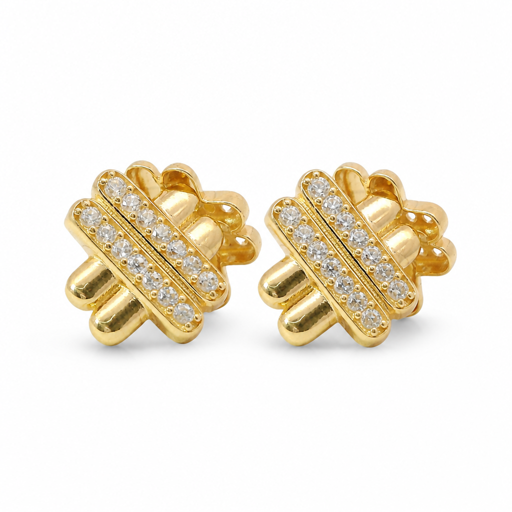 14KT Gold Earrings Medium White CZ Stones Puff Hashtag with Push Back Post and Butterfly Backs