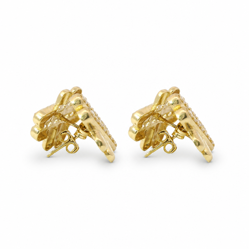 14KT Gold Earrings Medium White CZ Stones Puff Hashtag with Push Back Post and Butterfly Backs