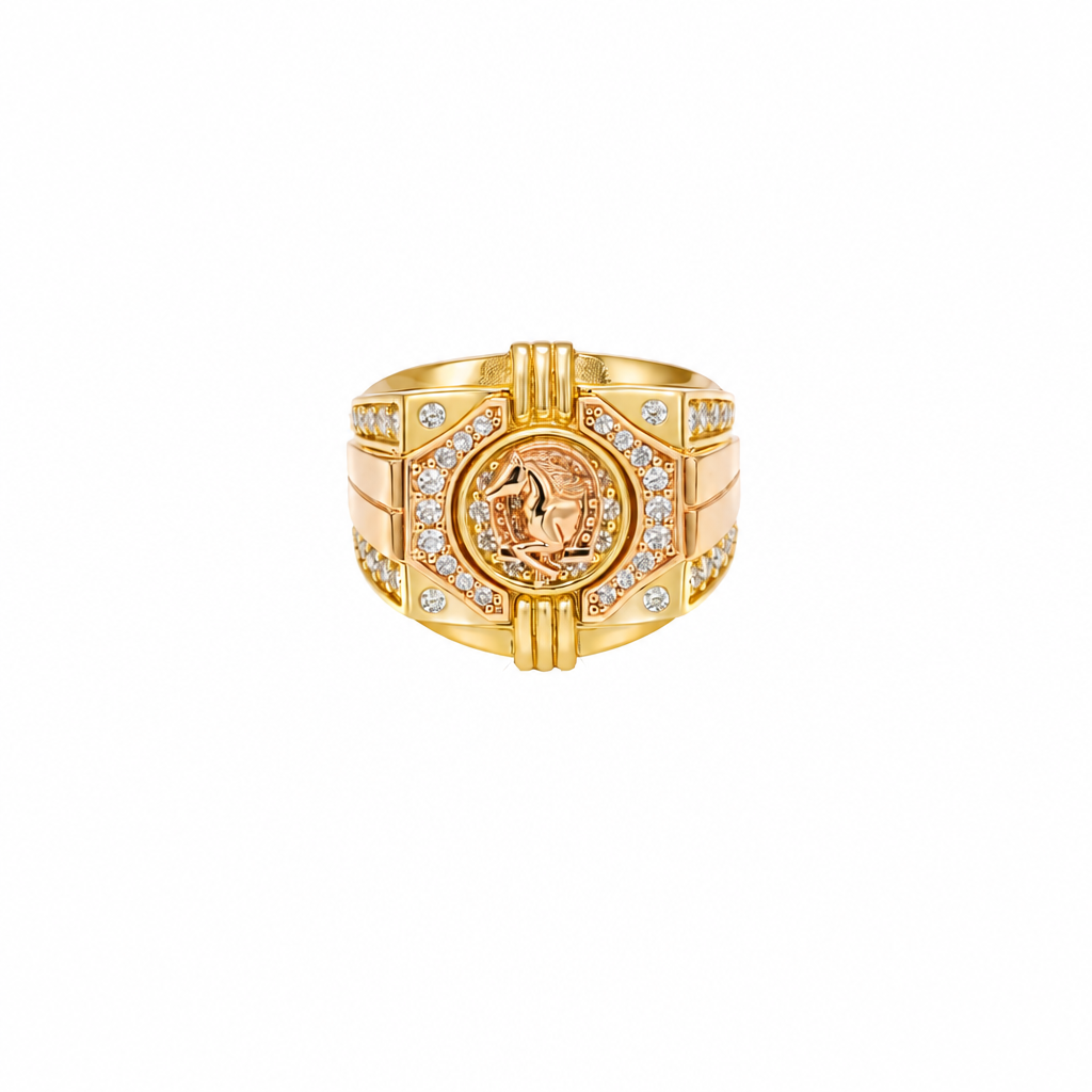 14KT Gold Ring Men's Square Two Tone Horse Head Round Center with Horseshoe Frame and White CZ Stones Border White CZ Stone on Each Corner and U-Shaped White CZ Stones Band Border