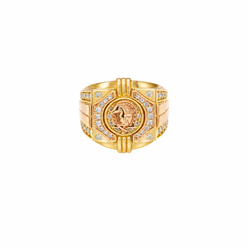 14KT Gold Ring Men's Square Two Tone Horse Head Round Center with Horseshoe Frame and White CZ Stones Border White CZ Stone on Each Corner and U-Shaped White CZ Stones Band Border