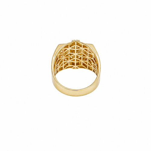 14KT Gold Ring Men's Square Two Tone Horse Head Round Center with Horseshoe Frame and White CZ Stones Border White CZ Stone on Each Corner and U-Shaped White CZ Stones Band Border