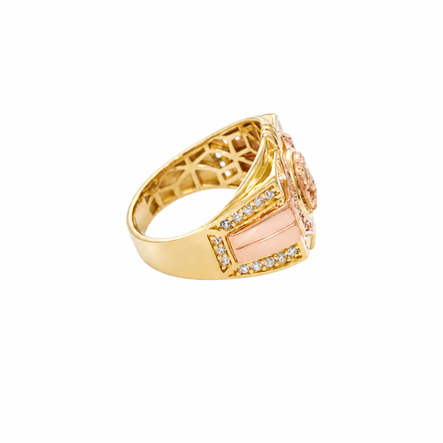 14KT Gold Ring Men's Square Two Tone Horse Head Round Center with Horseshoe Frame and White CZ Stones Border White CZ Stone on Each Corner and U-Shaped White CZ Stones Band Border