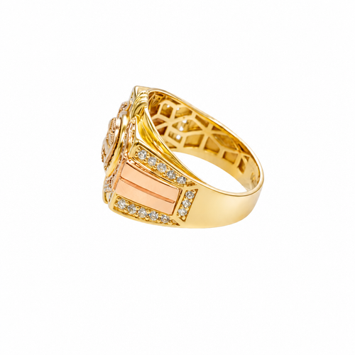 14KT Gold Ring Men's Square Two Tone Horse Head Round Center with Horseshoe Frame and White CZ Stones Border White CZ Stone on Each Corner and U-Shaped White CZ Stones Band Border