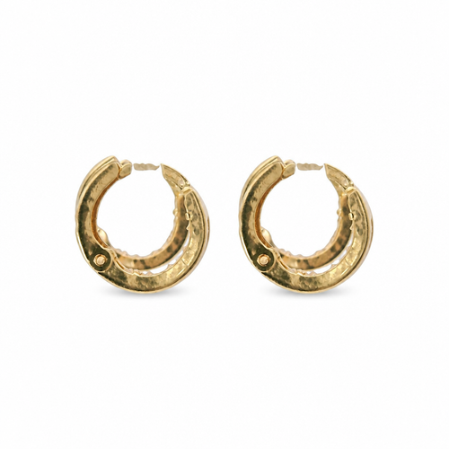 14KT Gold Earring Small White CZ Stones Single Row Hoops with Two Tone Zig Zag Diamond Cut Back Huggie