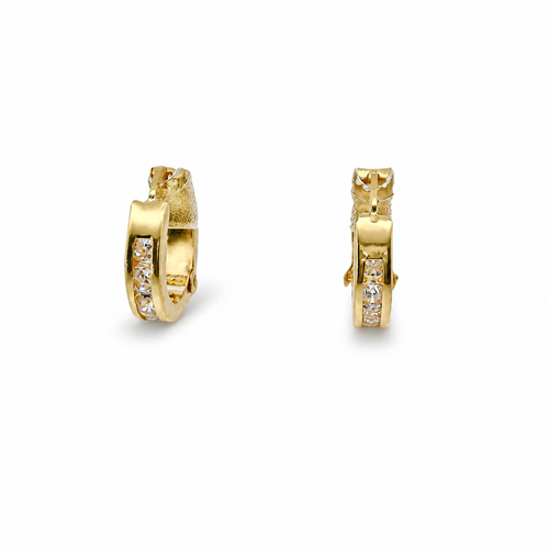 14KT Gold Earring Small White CZ Stones Single Row Hoops with Two Tone Zig Zag Diamond Cut Back Huggie