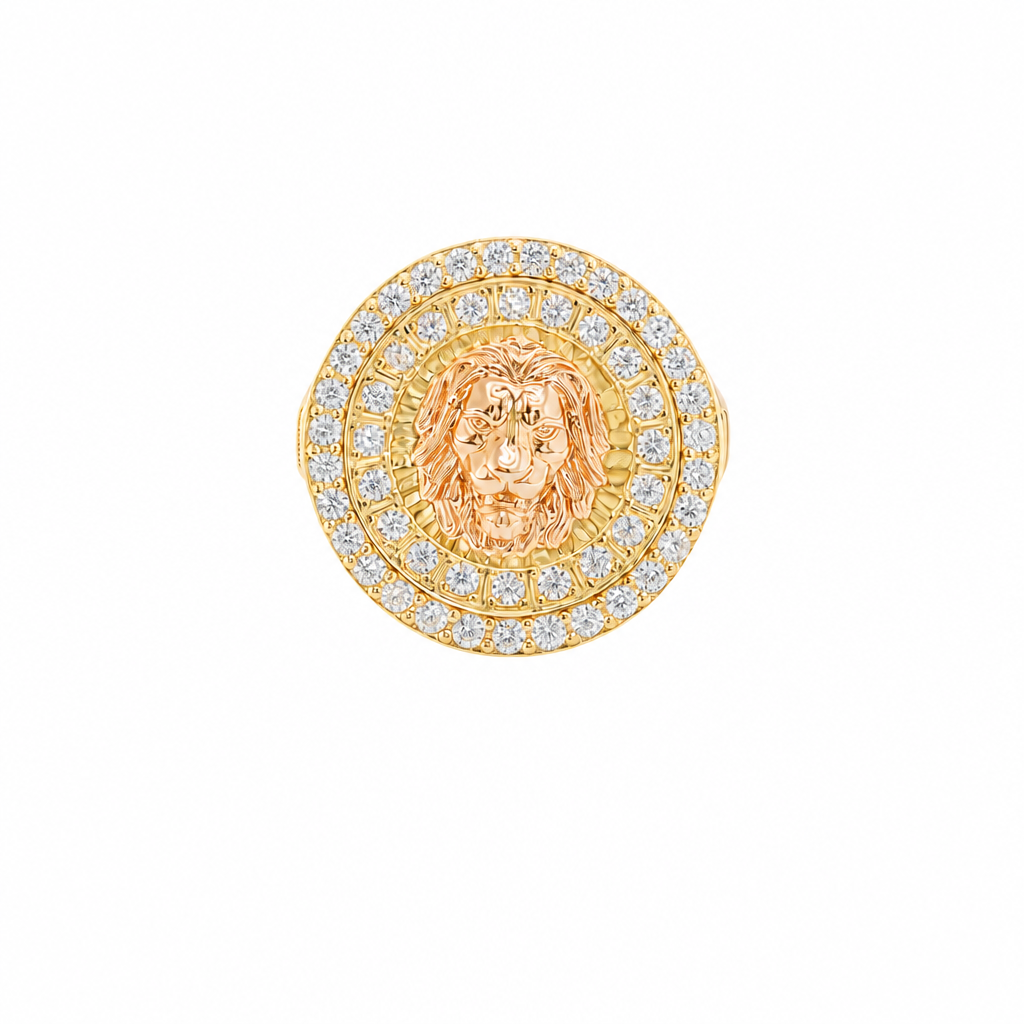 14KT Gold Ring Men's Two Tone Raised Lion Head Portrait Round with Sunray Background with Double Row White CZ Stone Border Band Design Ridged Stripes