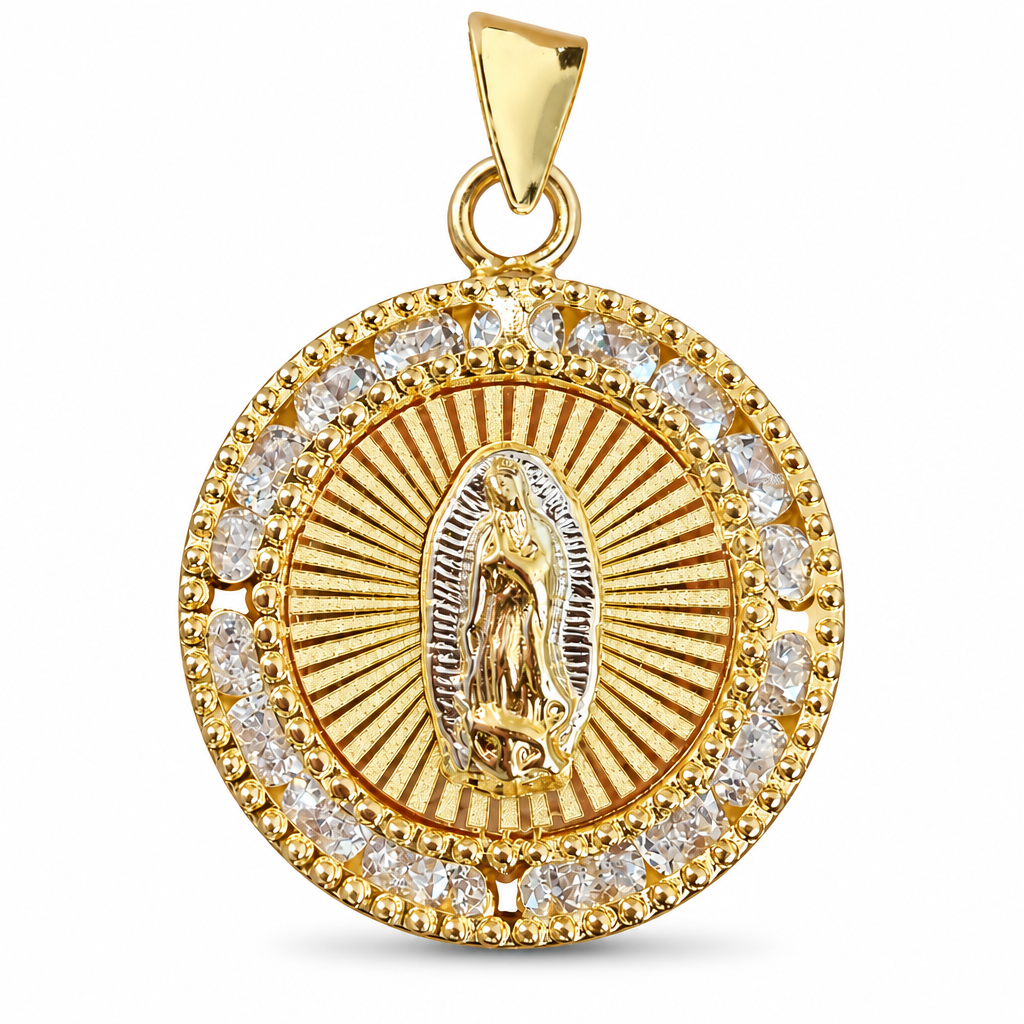 14KT Gold Charm Medium Round Two Tone Sunray Virgin Mary Coin with White CZ Stones Border and Plain Bell