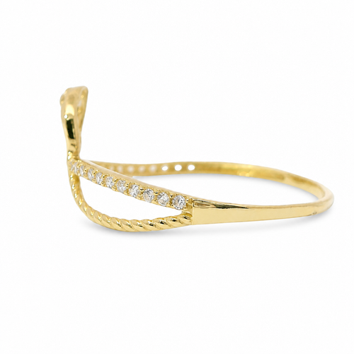 14KT Gold Ring Women's Light Weight White CZ Stone Band with Half Plain Leaf Center