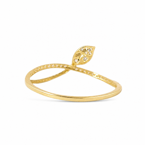 14KT Gold Ring Women's Light Weight White CZ Stone Band with Half Plain Leaf Center