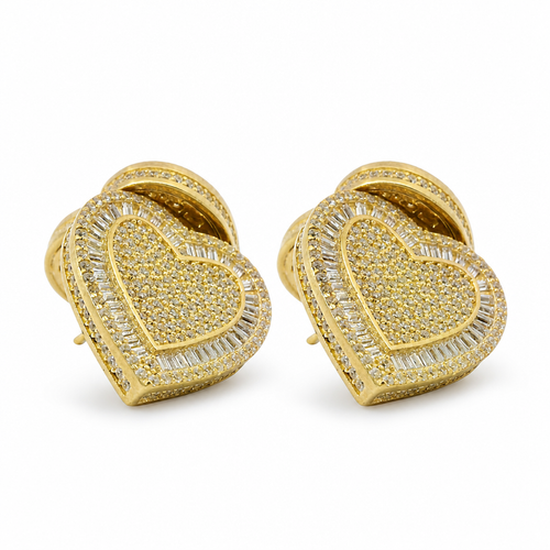 14KT Gold Earrings Large Heart White Round CZ Stones Cluster Center and Edge, Baguette CZ Stones Border, Push Back Post, and Butterfly Backs