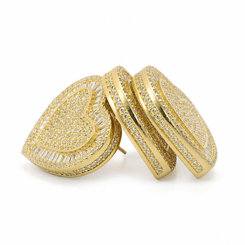 14KT Gold Earrings Large Heart White Round CZ Stones Cluster Center and Edge, Baguette CZ Stones Border, Push Back Post, and Butterfly Backs