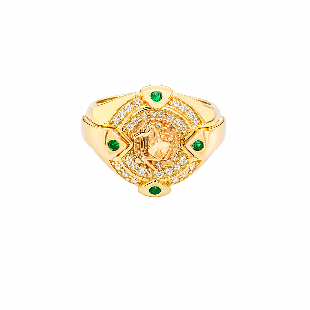 14KT Gold Ring Men's Round Two Tone Half Horse Portrait with Horseshoe Center with White CZ Border and CZ Green Stone on North, South, West, and East Border of the Ring