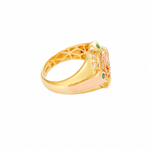 14KT Gold Ring Men's Round Two Tone Half Horse Portrait with Horseshoe Center with White CZ Border and CZ Green Stone on North, South, West, and East Border of the Ring