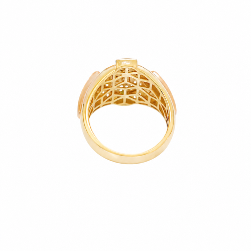 14KT Gold Ring Men's Round Two Tone Half Horse Portrait with Horseshoe Center with White CZ Border and CZ Green Stone on North, South, West, and East Border of the Ring