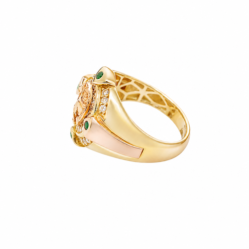 14KT Gold Ring Men's Round Two Tone Half Horse Portrait with Horseshoe Center with White CZ Border and CZ Green Stone on North, South, West, and East Border of the Ring