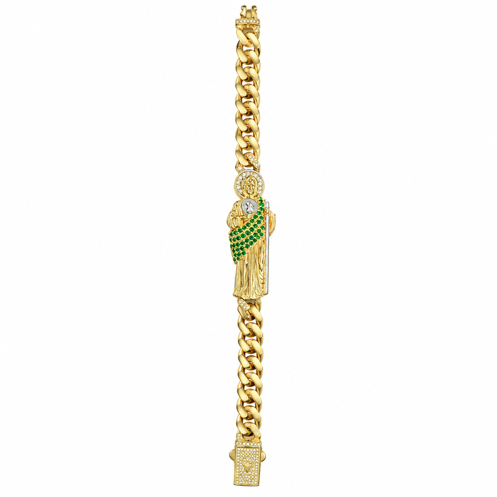 14KT Gold Bracelet Hollow Crown Miami Link with 3D Two Tone St Jude Figurine with Green CZ Stones Robe, White CZ Stones Halo, and Plain Diamond Emblem White CZ Stones Designer Clasp 7mm