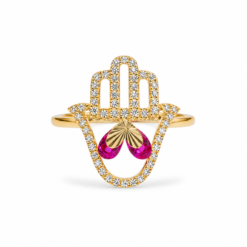 14KT Gold Ring Women's Hand 2 Red Pear Center CZ Stones with White CZ Stones Borders and Plain Band