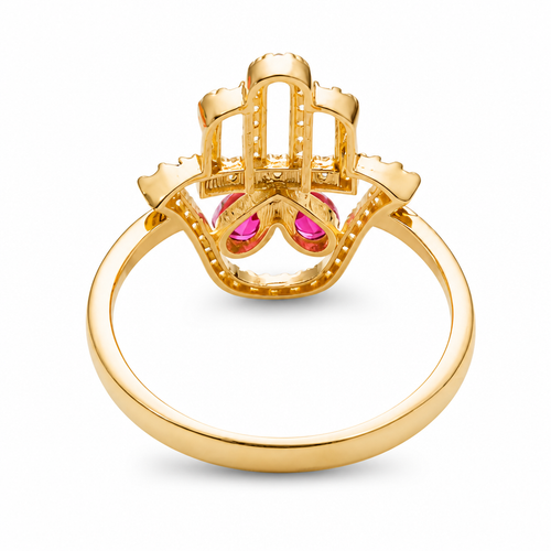 14KT Gold Ring Women's Hand 2 Red Pear Center CZ Stones with White CZ Stones Borders and Plain Band