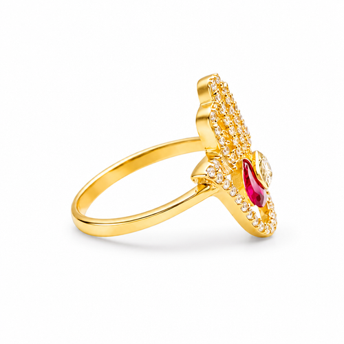 14KT Gold Ring Women's Hand 2 Red Pear Center CZ Stones with White CZ Stones Borders and Plain Band