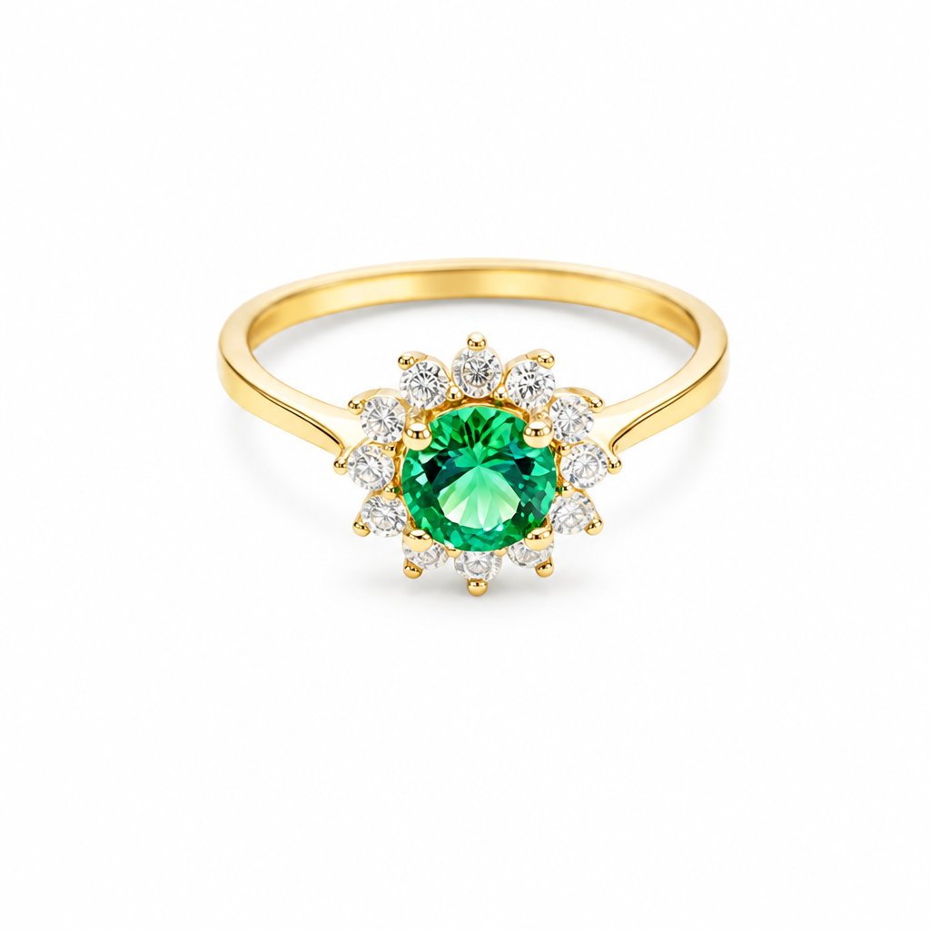 14KT Gold Ring Women's Flower Round Dark Green Center Stone with White CZ Stone Petals Border Plain Band