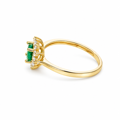 14KT Gold Ring Women's Flower Round Dark Green Center Stone with White CZ Stone Petals Border Plain Band
