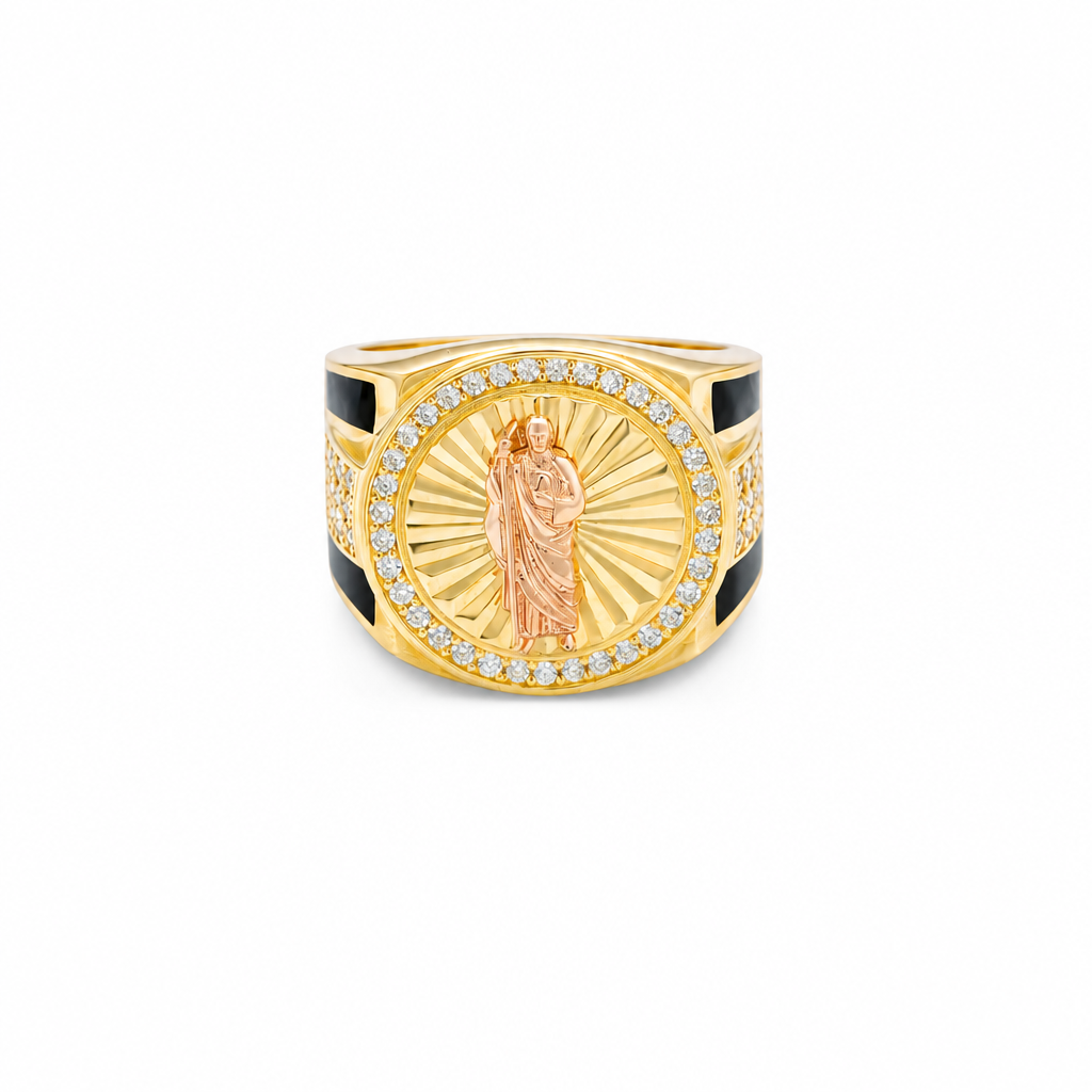 14KT Gold Ring Men's Round Two Tone St. Jude White CZ Stone Border with Triple Row White CZ Side Stones and Onyx Stripe