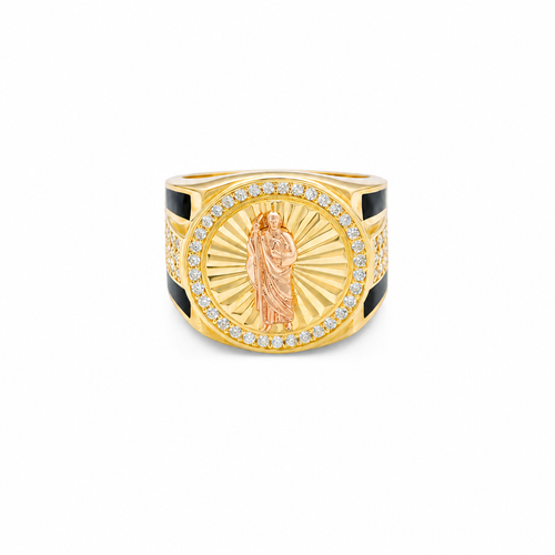 14KT Gold Ring Men's Round Two Tone St. Jude White CZ Stone Border with Triple Row White CZ Side Stones and Onyx Stripe