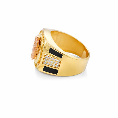 14KT Gold Ring Men's Round Two Tone St. Jude White CZ Stone Border with Triple Row White CZ Side Stones and Onyx Stripe