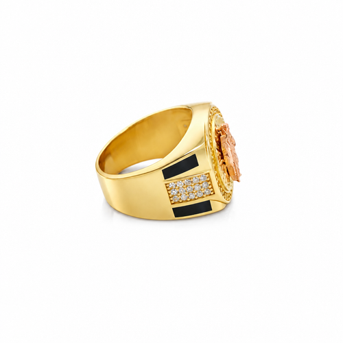 14KT Gold Ring Men's Round Two Tone St. Jude White CZ Stone Border with Triple Row White CZ Side Stones and Onyx Stripe