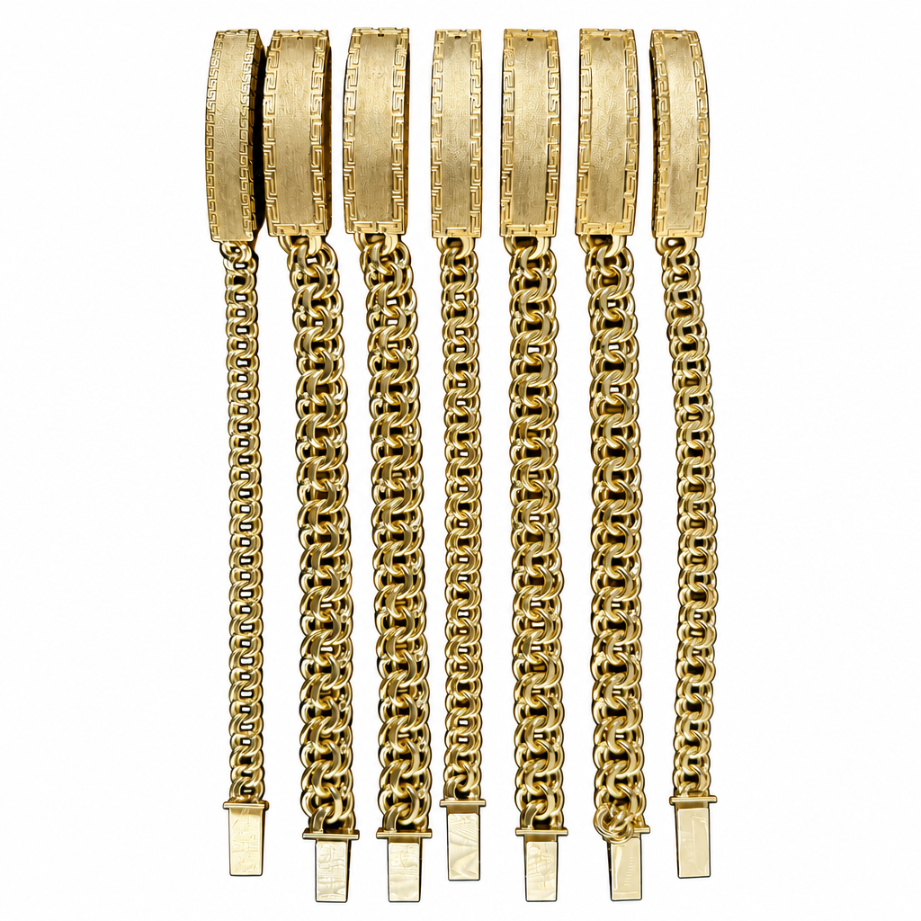 14KT Gold Bracelet Hollow Chino Band with Greek Border Name Plate 7.5mm