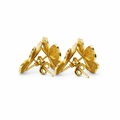 14KT Gold Earrings Medium Five Sandblast Petal Flower with Plain Border, Push Back Post, and Butterfly Backs