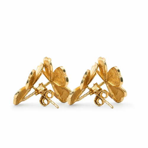 14KT Gold Earrings Medium Five Sandblast Petal Flower with Plain Border, Push Back Post, and Butterfly Backs