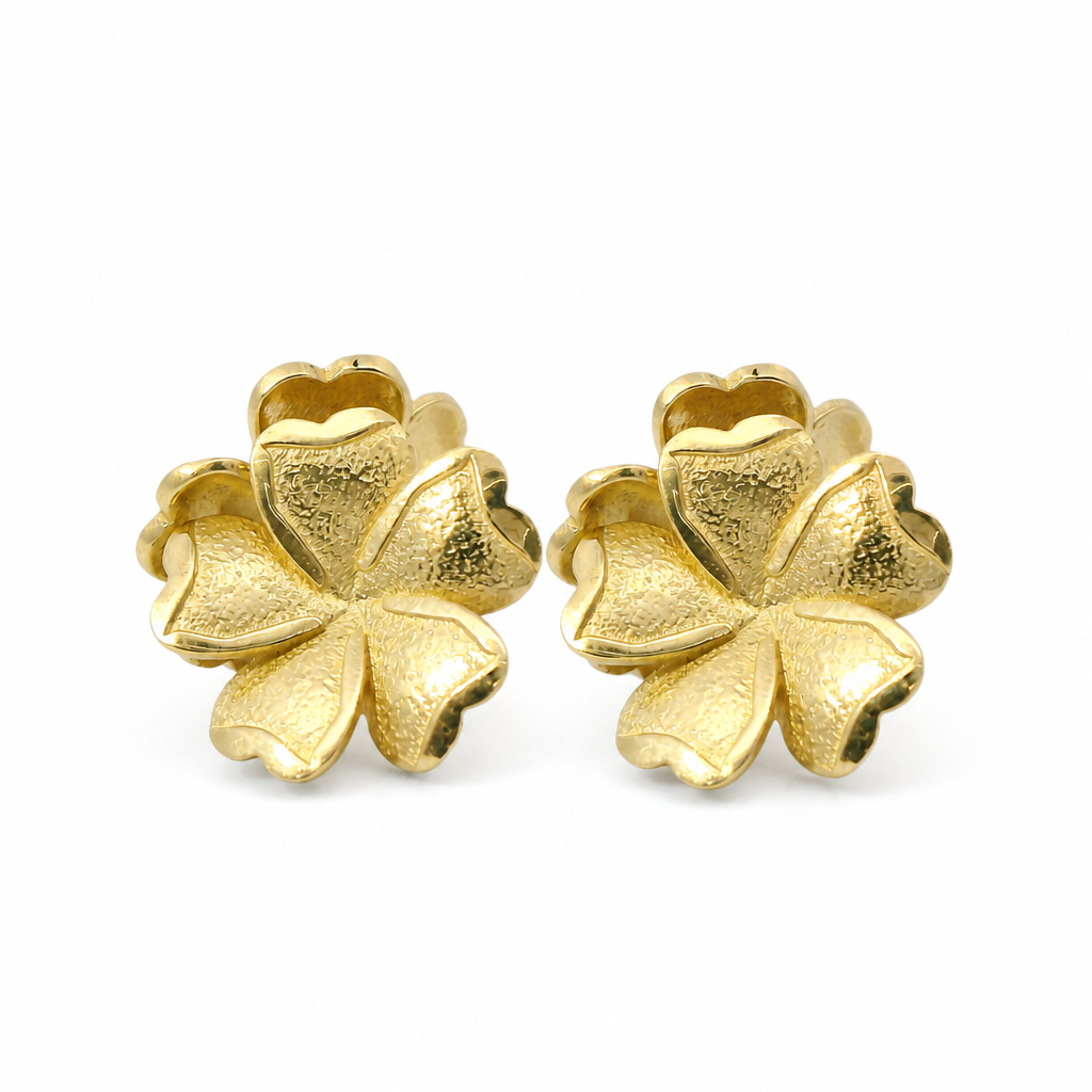 14KT Gold Earrings Medium Five Sandblast Petal Flower with Plain Border, Push Back Post, and Butterfly Backs