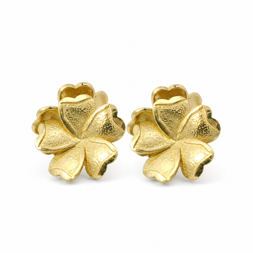 14KT Gold Earrings Medium Five Sandblast Petal Flower with Plain Border, Push Back Post, and Butterfly Backs
