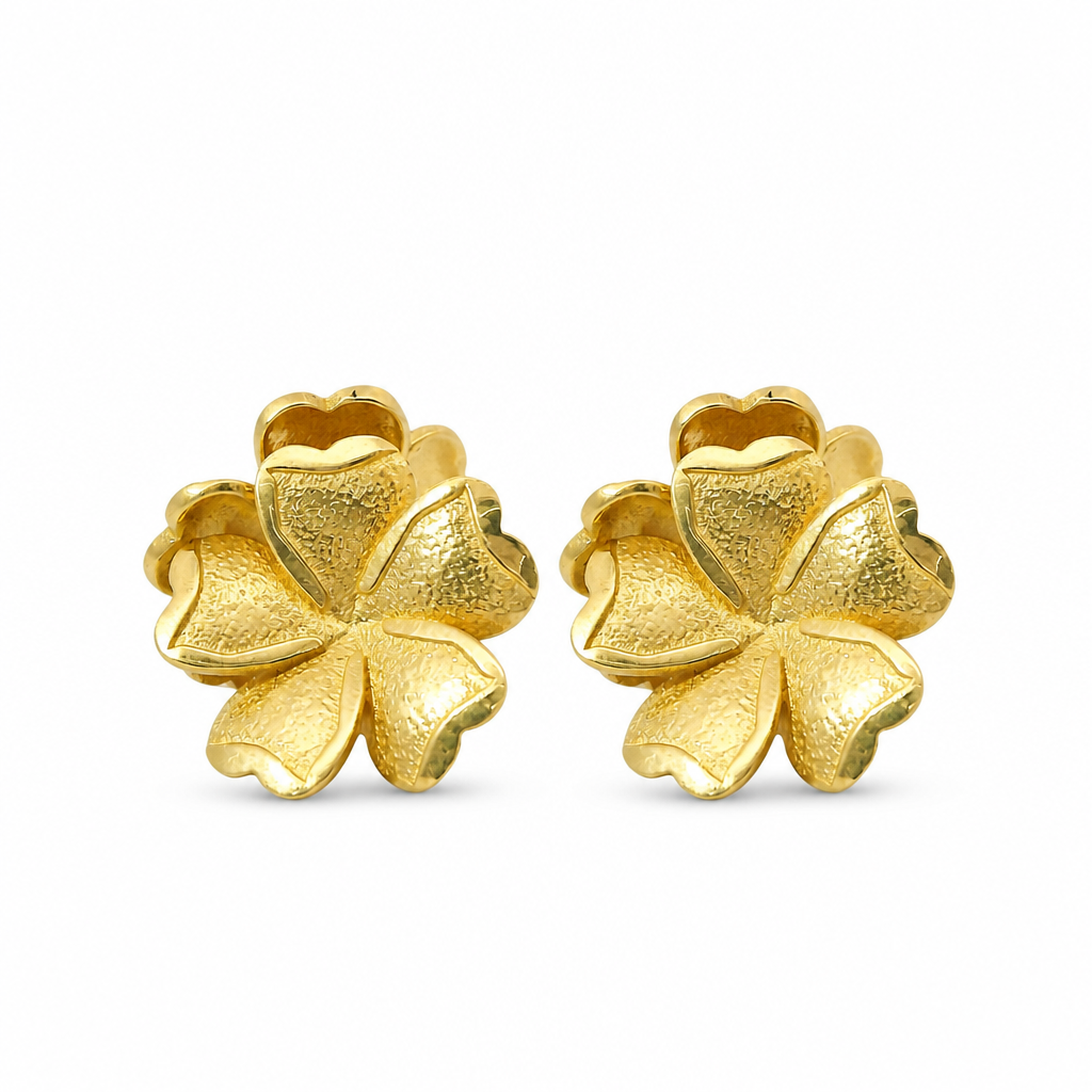 14KT Gold Earrings Medium Five Sandblast Petal Flower with Plain Border, Push Back Post, and Butterfly Backs