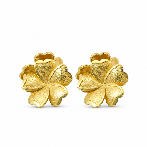 14KT Gold Earrings Medium Five Sandblast Petal Flower with Plain Border, Push Back Post, and Butterfly Backs