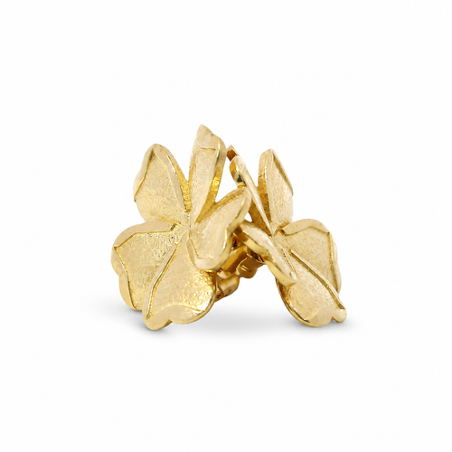 14KT Gold Earrings Medium Five Sandblast Petal Flower with Plain Border, Push Back Post, and Butterfly Backs