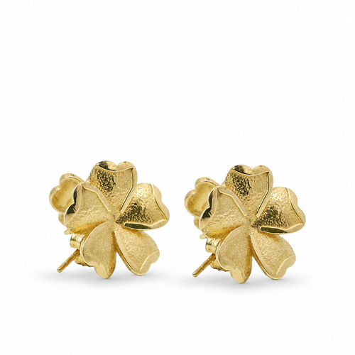 14KT Gold Earrings Medium Five Sandblast Petal Flower with Plain Border, Push Back Post, and Butterfly Backs