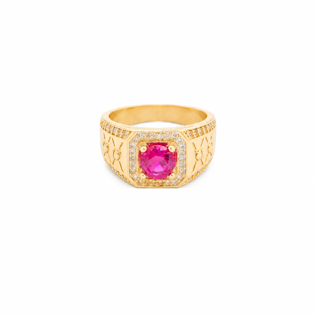 14KT Gold Ring Men's Square Red Round CZ Stone White CZ Stones Square Border with Side Design White CZ Stones Framing Two Dots in Center of "X" Design