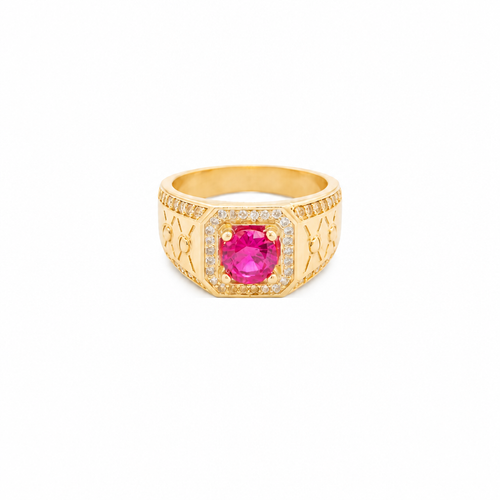 14KT Gold Ring Men's Square Red Round CZ Stone White CZ Stones Square Border with Side Design White CZ Stones Framing Two Dots in Center of "X" Design