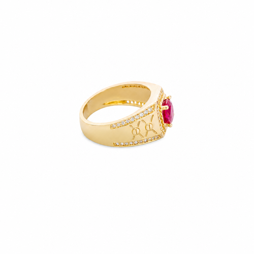 14KT Gold Ring Men's Square Red Round CZ Stone White CZ Stones Square Border with Side Design White CZ Stones Framing Two Dots in Center of "X" Design