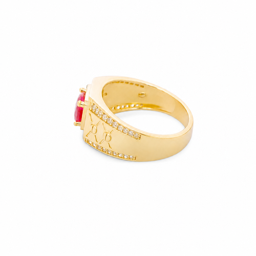14KT Gold Ring Men's Square Red Round CZ Stone White CZ Stones Square Border with Side Design White CZ Stones Framing Two Dots in Center of "X" Design