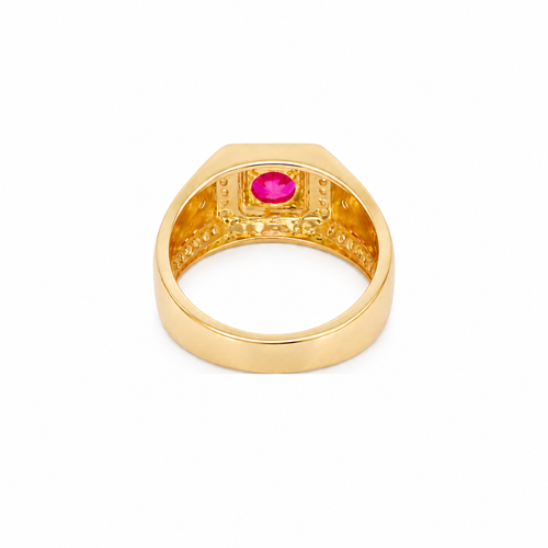14KT Gold Ring Men's Square Red Round CZ Stone White CZ Stones Square Border with Side Design White CZ Stones Framing Two Dots in Center of "X" Design